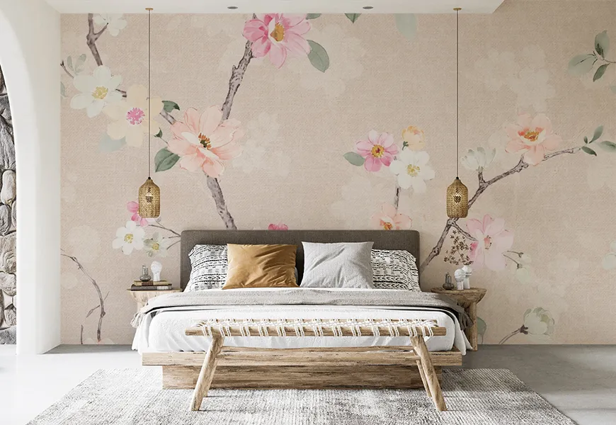کاغذ دیواری اتاق خواب عروس و داماد طرح شکوفه های رنگی